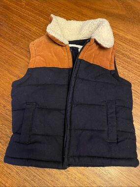 Old Navy Navy Blue and Brown Sherpa-Lined Puffer Vest